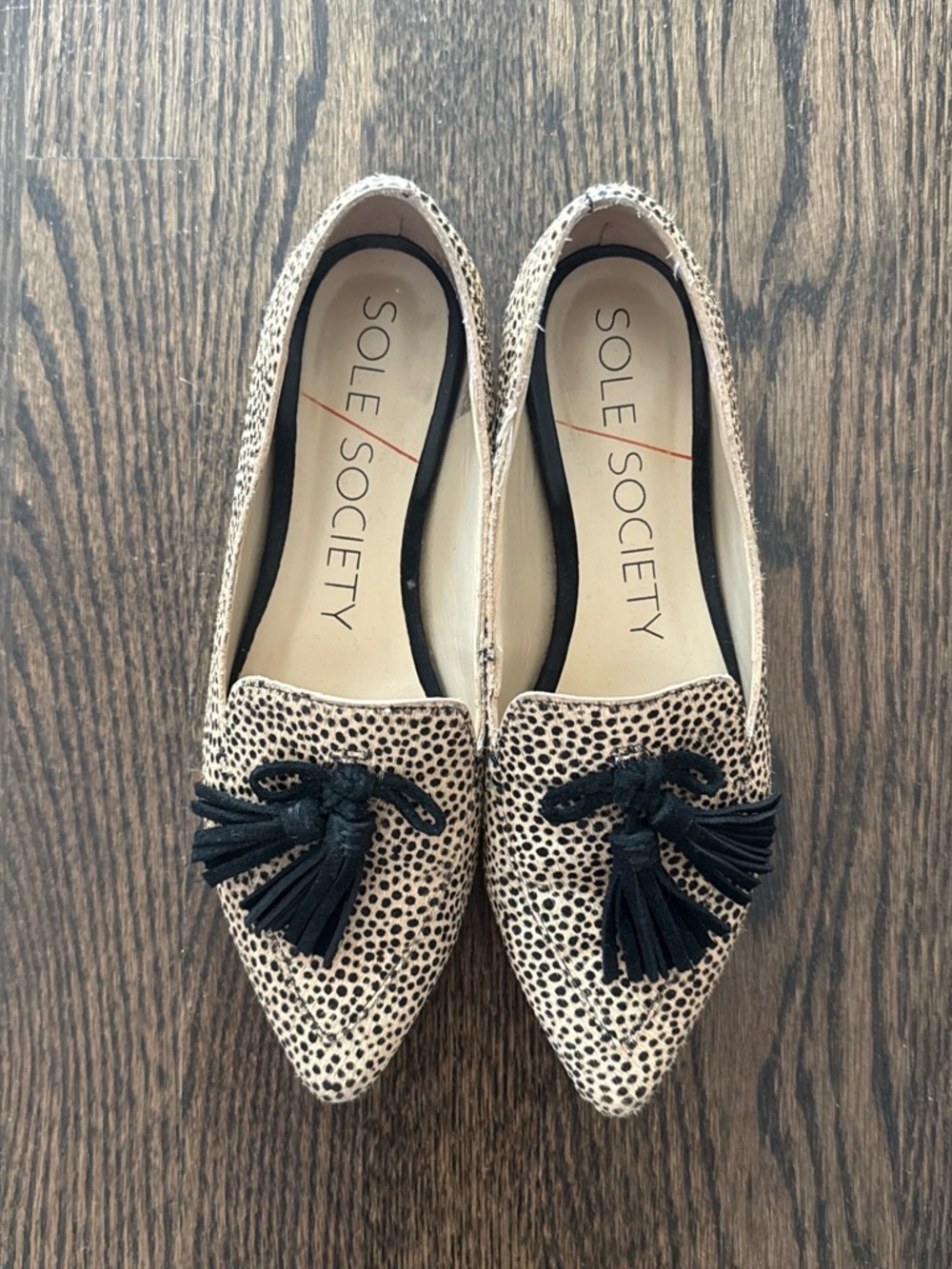 Sole Society Beige Cheetah-Print Pointed Tassel Flats